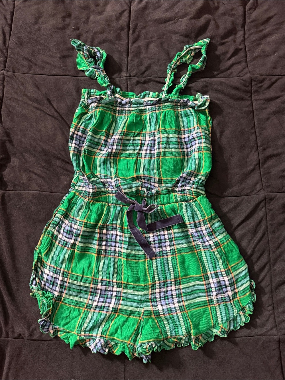 aerie Green Plaid Romper with Navy Tie